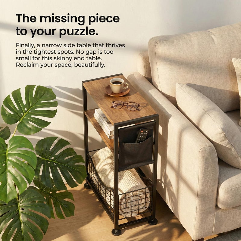 ZEXVIDA Skinny Side Table with Storage, 3 Tier Slim Side Tables for Small Spaces, Skinny End Table Narrow Bedside Table Narrow Side Table for Living Room, Bedroom - Image 4