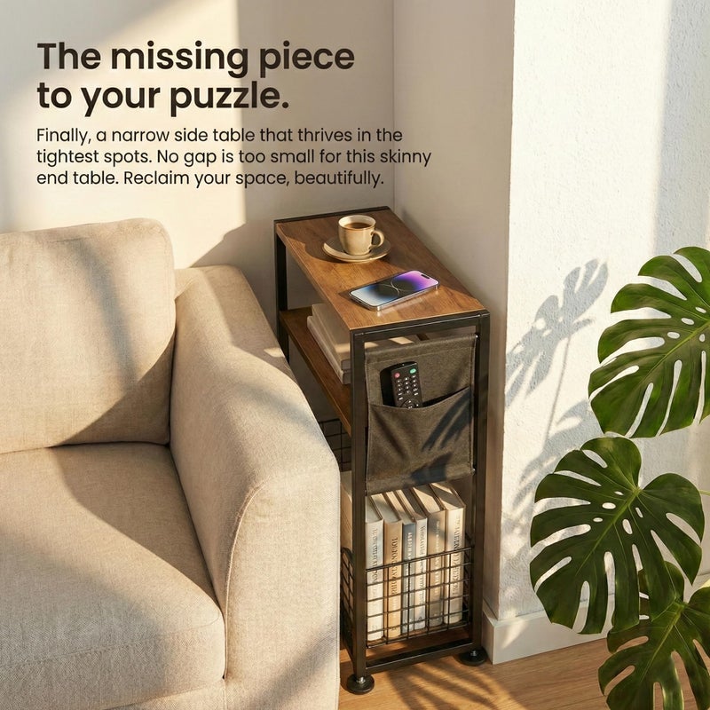 ZEXVIDA Skinny Side Table with Storage, 3 Tier Slim Side Tables for Small Spaces, Skinny End Table Narrow Bedside Table Narrow Side Table for Living Room, Bedroom - Image 2