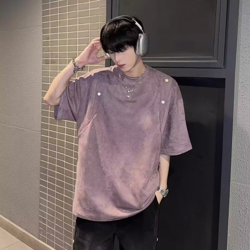 American Style High Street Niche Suede Profile Stitching Short-Sleeved T-Shirt Men'S Summer Loose Fashionable Couple'S Half-Sleeved Top - Image 1