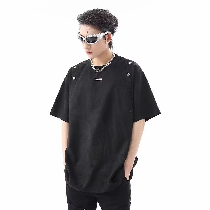 American Style High Street Niche Suede Profile Stitching Short-Sleeved T-Shirt Men'S Summer Loose Fashionable Couple'S Half-Sleeved Top - Image 2