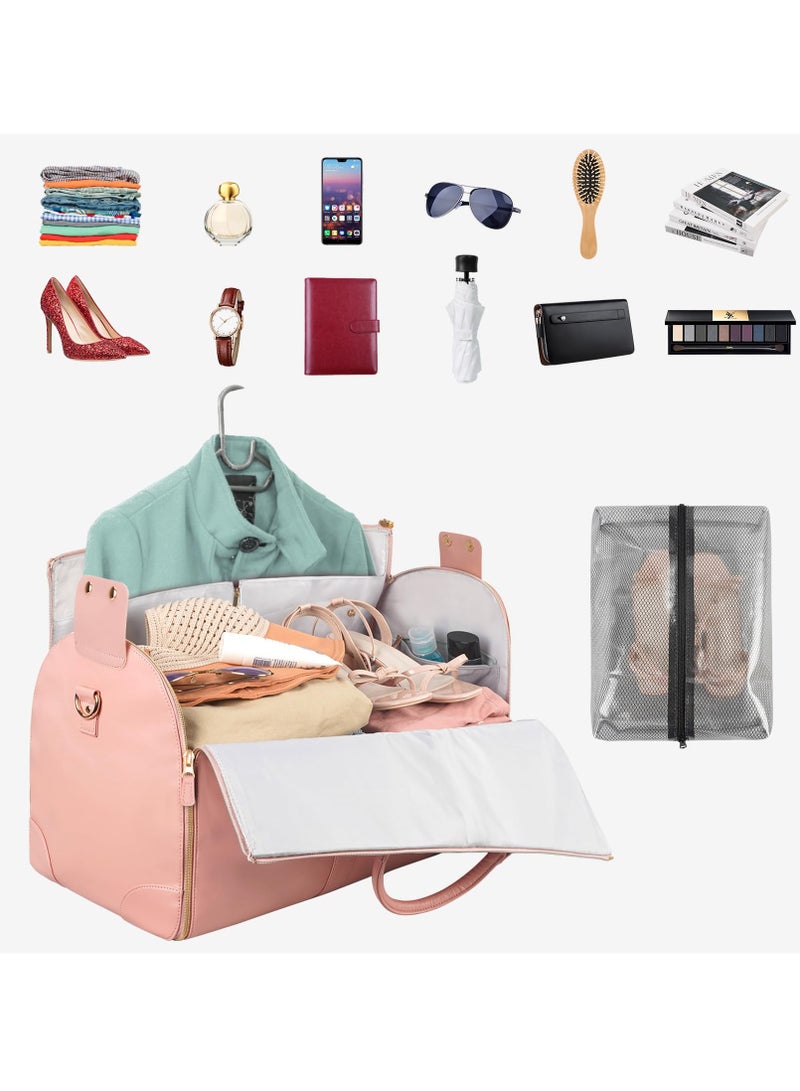Foldable PU Leather Duffle Bag for Women, Large Waterproof Garment Bag with Shoe Pouch, 2 in 1 Hanging Suitcase Travel Essentials, Perfect Gift for Women in Pink - Image 2