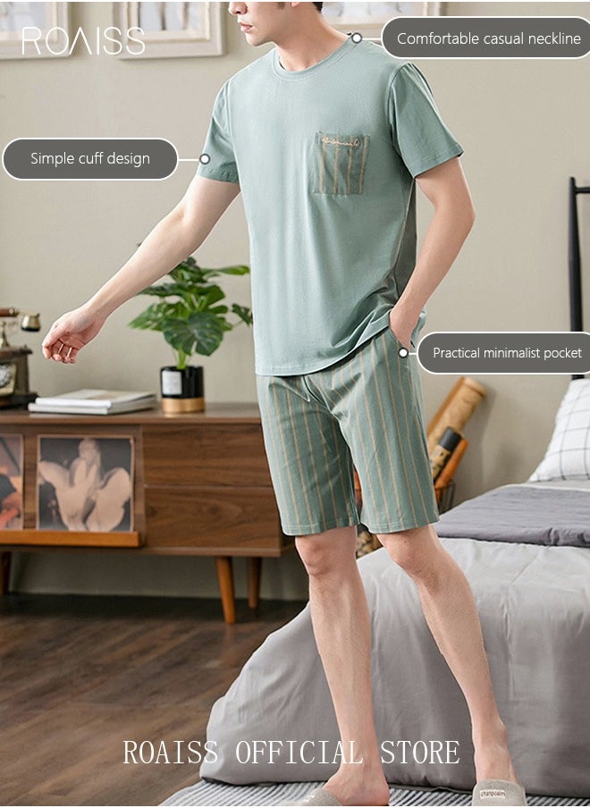 roaiss - 2-Piece Pajama Set Men's Modal Short-Sleeved T-Shirt Short Pants Sets Stripe Pattern Sleepwear Nightgown Male Loose Spring Summer Thin Loungewear Home Clothes Green - Image 1