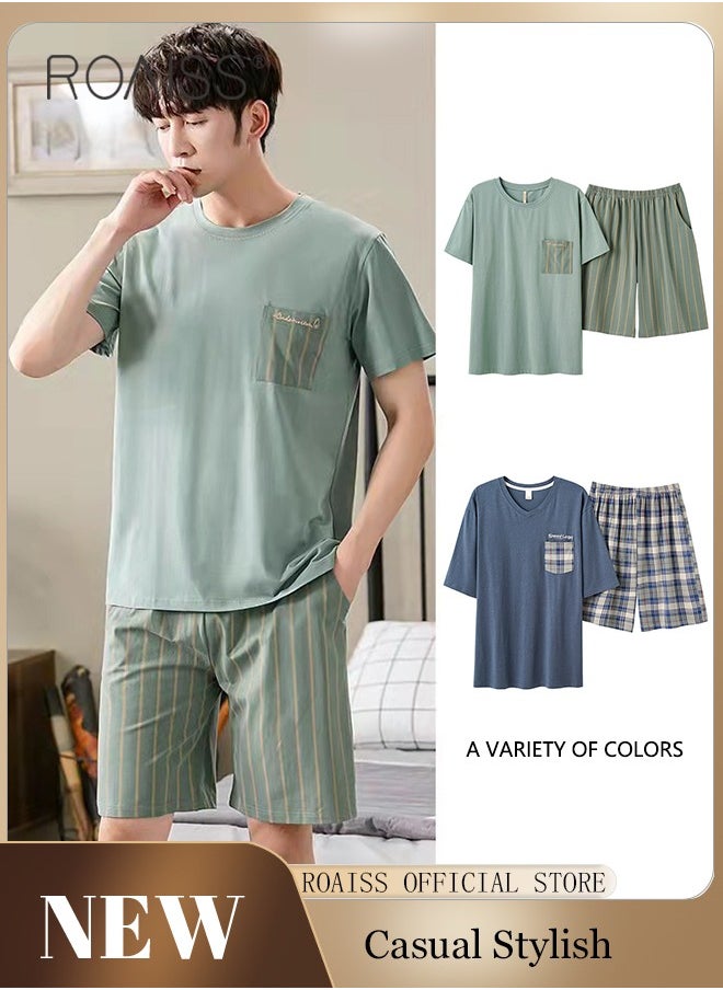 roaiss - 2-Piece Pajama Set Men's Modal Short-Sleeved T-Shirt Short Pants Sets Stripe Pattern Sleepwear Nightgown Male Loose Spring Summer Thin Loungewear Home Clothes Green - Image 1