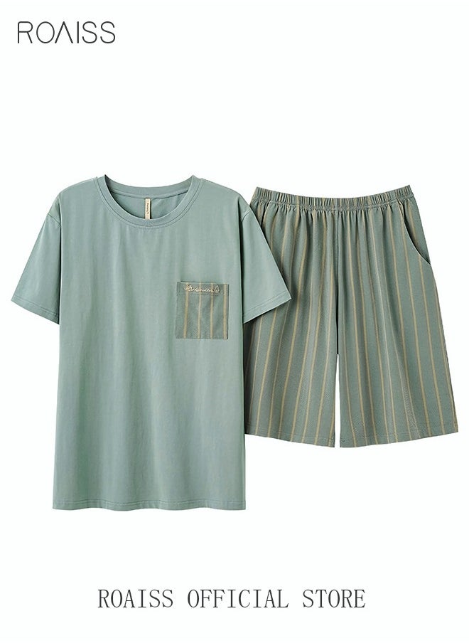 roaiss - 2-Piece Pajama Set Men's Modal Short-Sleeved T-Shirt Short Pants Sets Stripe Pattern Sleepwear Nightgown Male Loose Spring Summer Thin Loungewear Home Clothes Green - Image 1
