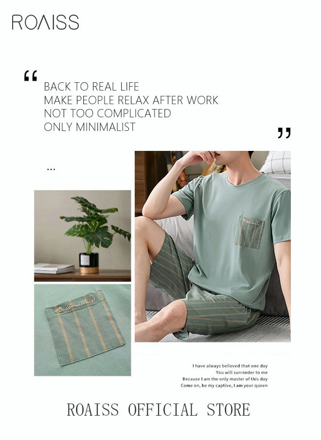 roaiss - 2-Piece Pajama Set Men's Modal Short-Sleeved T-Shirt Short Pants Sets Stripe Pattern Sleepwear Nightgown Male Loose Spring Summer Thin Loungewear Home Clothes Green - Image 1