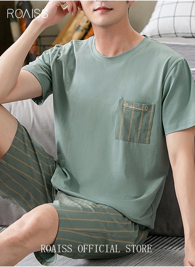 roaiss - 2-Piece Pajama Set Men's Modal Short-Sleeved T-Shirt Short Pants Sets Stripe Pattern Sleepwear Nightgown Male Loose Spring Summer Thin Loungewear Home Clothes Green - Image 1