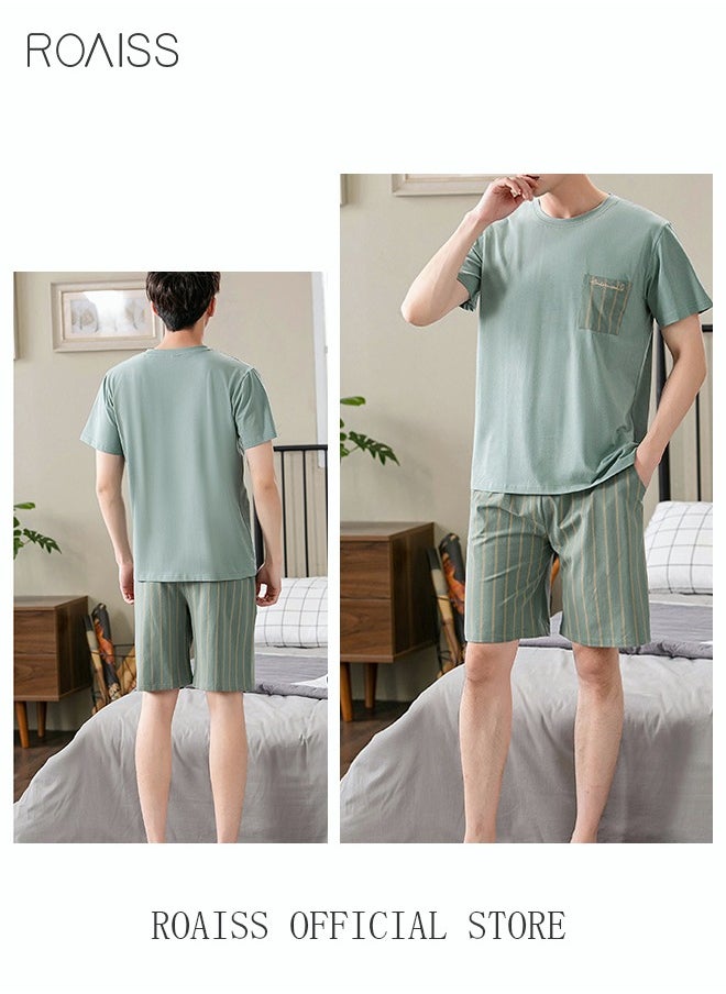 roaiss - 2-Piece Pajama Set Men's Modal Short-Sleeved T-Shirt Short Pants Sets Stripe Pattern Sleepwear Nightgown Male Loose Spring Summer Thin Loungewear Home Clothes Green - Image 1
