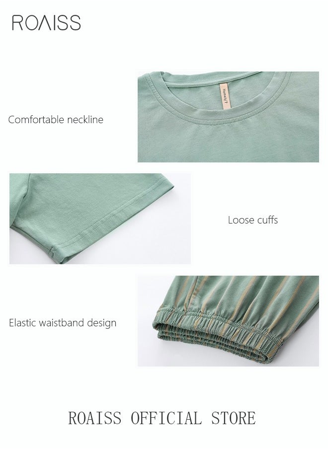 roaiss - 2-Piece Pajama Set Men's Modal Short-Sleeved T-Shirt Short Pants Sets Stripe Pattern Sleepwear Nightgown Male Loose Spring Summer Thin Loungewear Home Clothes Green - Image 1