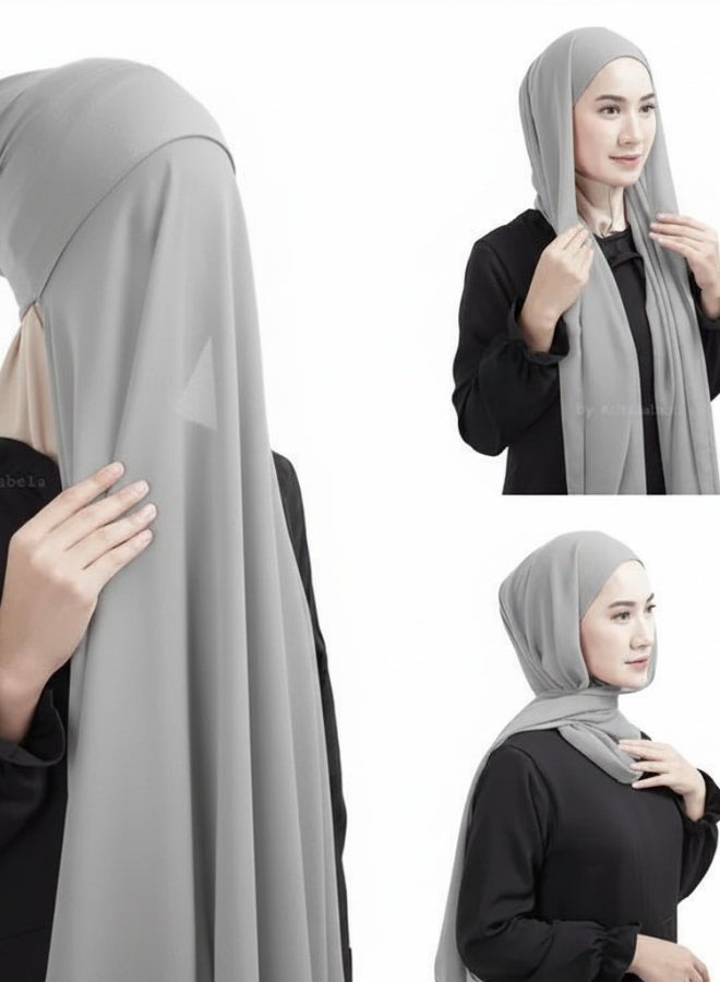 حجاب مع قبعة لون رمادي من شيفون ناعم مريح قابل للتمدد حجاب فوري خفيف ومناسب للزي المحتشم - Image 1