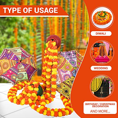 DIYANA IMPEX Marigold Garland for Decoration 5 Pcs of 5 feet Long Strands Artificial Marigold Flowers, Indian Décor for Pooja, Wedding Christmas, Events Decorations - Image 3
