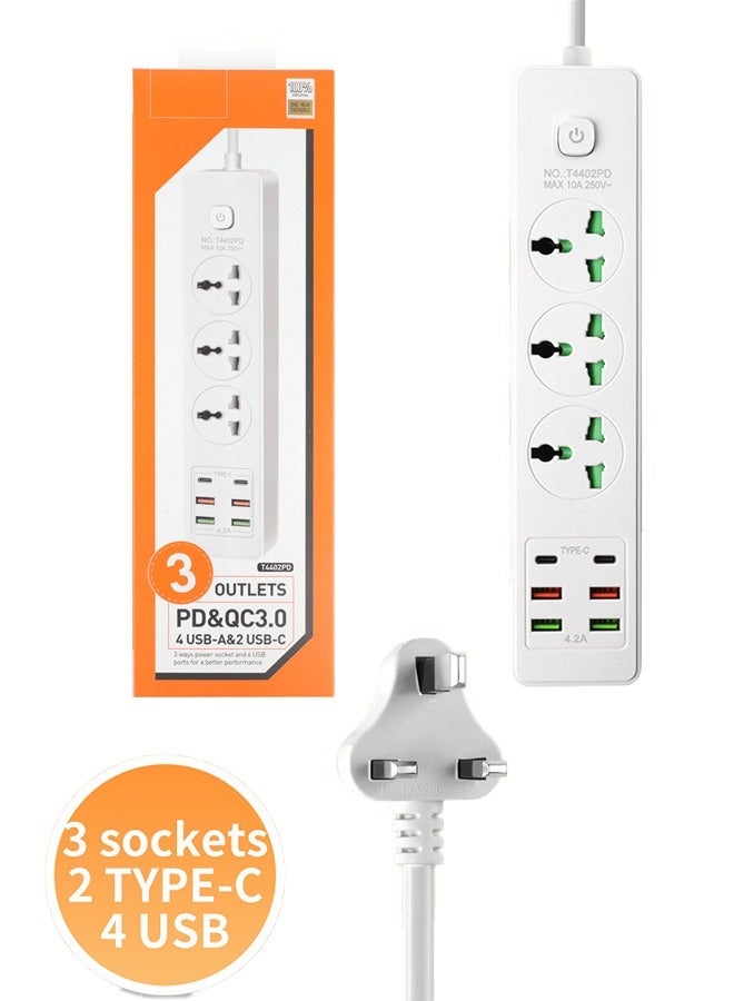 موزع طاقة 9 في 1 مع 3 مآخذ و 6 منافذ USB (2 USB-C + 4 USB-A، PD/QC 3.0) | سلك تمديد بطول 2 متر للمنزل/المكتب/السفر | مقبس عالمي - Image 2