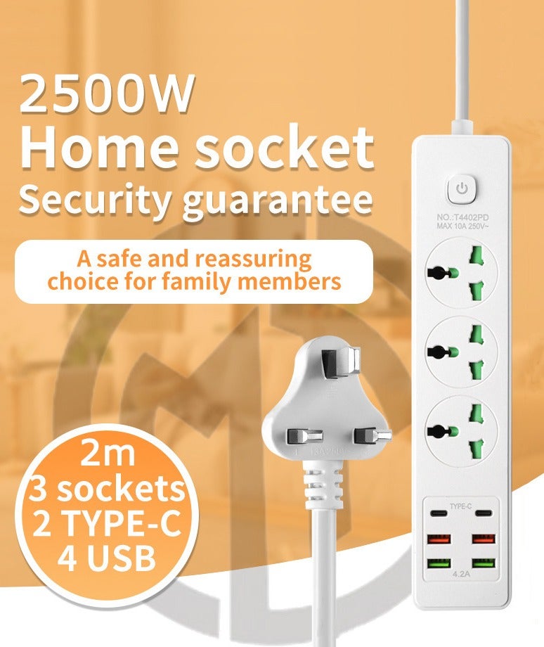 موزع طاقة 9 في 1 مع 3 مآخذ و 6 منافذ USB (2 USB-C + 4 USB-A، PD/QC 3.0) | سلك تمديد بطول 2 متر للمنزل/المكتب/السفر | مقبس عالمي - Image 1