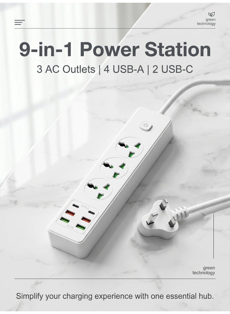 مقبس متعدد 9 في 1، 3 منافذ كهربائية و6 منافذ شحن (2 تايب سي PD +4 يو إس بي QC3.0)، سلك طويل 2 متر، مقبس عالمي سريع الشحن للمنزل والمكتب والسفر - Image 1