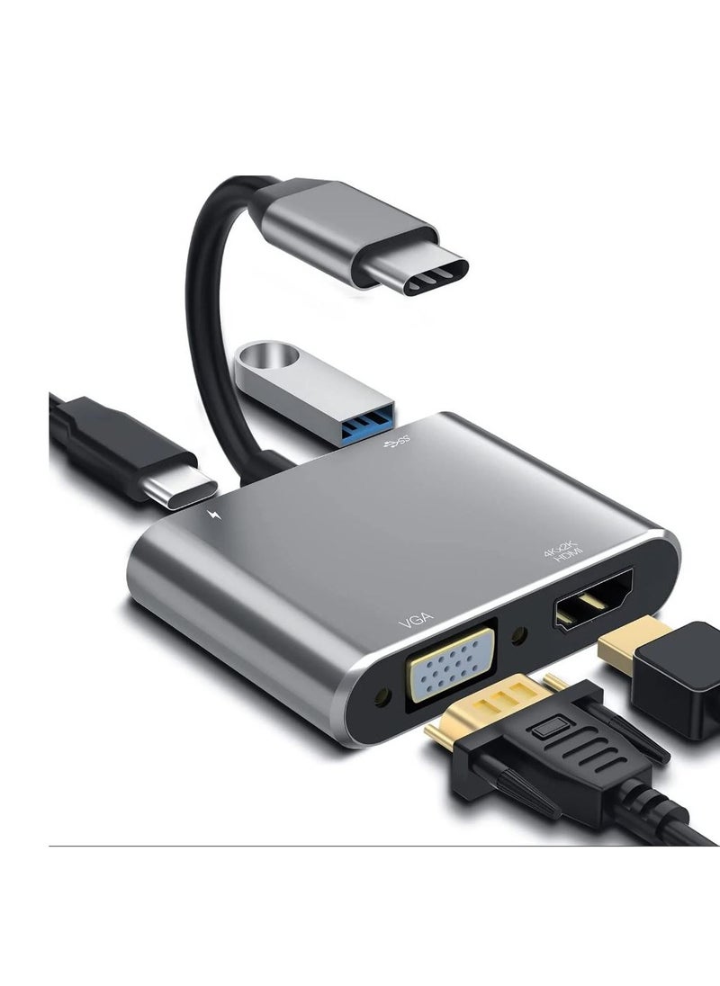 زيرو محول نوع سي من USB C الى HDMI وVGA وUSB 3 بمنفذ شحن متوافق مع سامسونج S9-S8-نوت 9-8-ابل ماك بوك-نينتندو سويتش - فضي  - Image 1