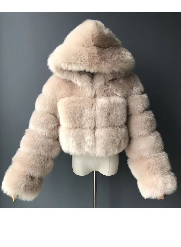 Loquat Fall/Winter Fashion Faux Fox Wool Hooded Short Style Coat