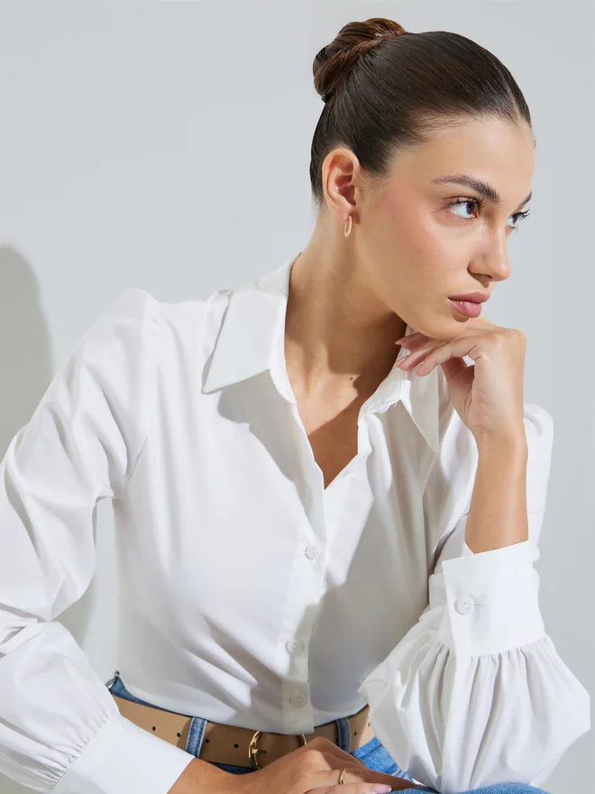 Styli Styli Off White Puff Sleeve Fitted Shirt