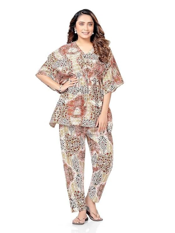 NEGLIGEE Women's Night Dress Cotton Printed Co Ord Set for Women | Night Suit Pyjama Set 2 pcs Casual Daywear Outfits (Free Size, Chiku) - Image 1