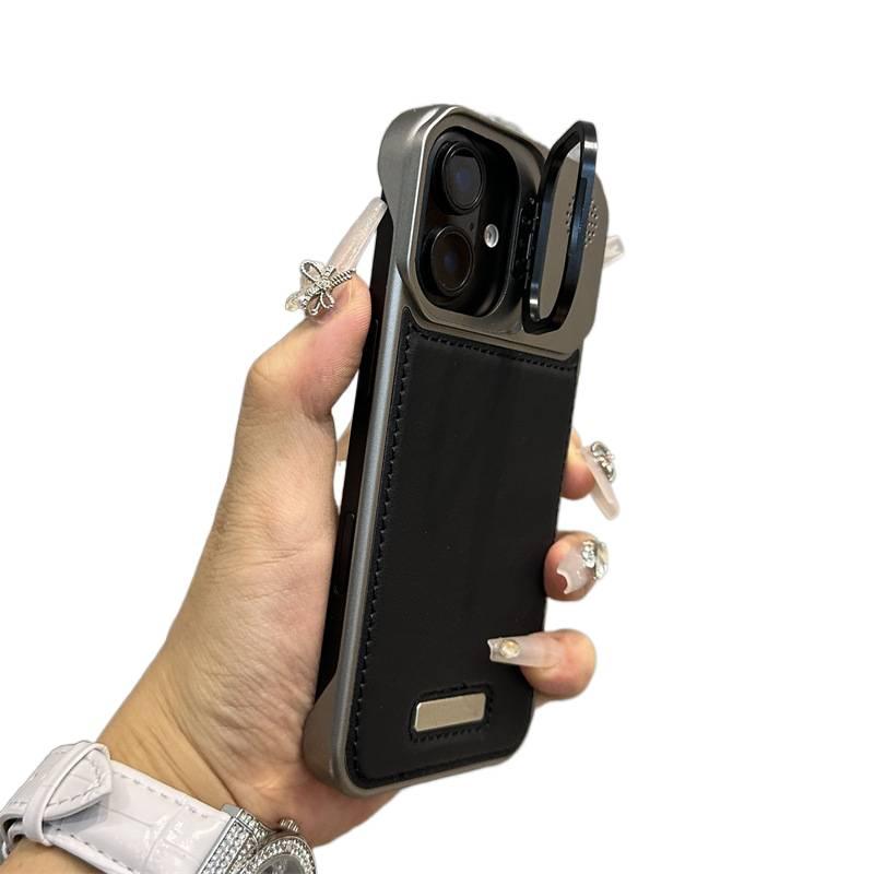 غطاء واقي بملمس جلد لـ iPhone 16 / 16 Plus / 16 Pro / 16 Pro Max مع حماية من السقوط وحامل قائم مع مقاوم للصدمات مع ملمس الجلد باللون أسود بوظيفة حامل للاستخدام العملي - Image 1