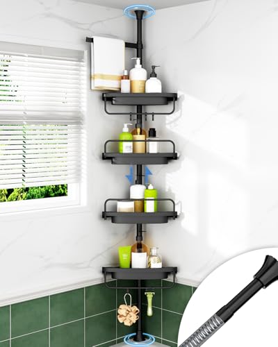 حامل دش زاوي مضاد للصدأ من ALLZONE لتنظيم تخزين الحمام وحوض الاستحمام 4 رفوف قابلة للتعديل مع عمود توتر من 39 إلى 113 بوصة باللون الأسود