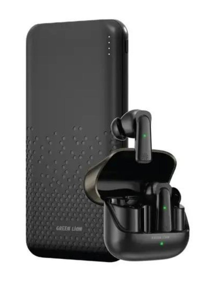 GREEN LION - Rome Power Bank & TWS Earbuds, Cutting-edge 2-in-1 Gadget, 10000 mAh Power Bank Battery Capacity, 200 mAh TWS Charging Case Capacity, Dual USB-A Port, 4.5 Hours Talk Time, 4 Hours Play Time - Black - Image 1