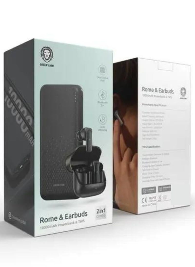 GREEN LION - Rome Power Bank & TWS Earbuds, Cutting-edge 2-in-1 Gadget, 10000 mAh Power Bank Battery Capacity, 200 mAh TWS Charging Case Capacity, Dual USB-A Port, 4.5 Hours Talk Time, 4 Hours Play Time - Black - Image 1