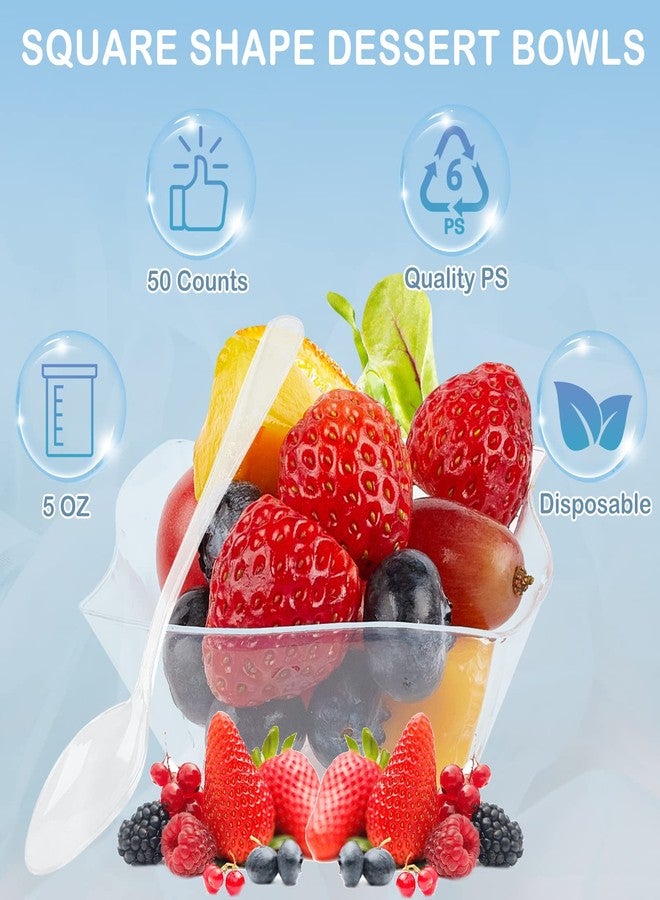 TOFLEN 50ct 5 oz Small Plastic Dessert Cups with Spoons, Clear Appetizer Cups for Parties Mini Serving Bowls, Hors D'oeuvres Plates - Image 3