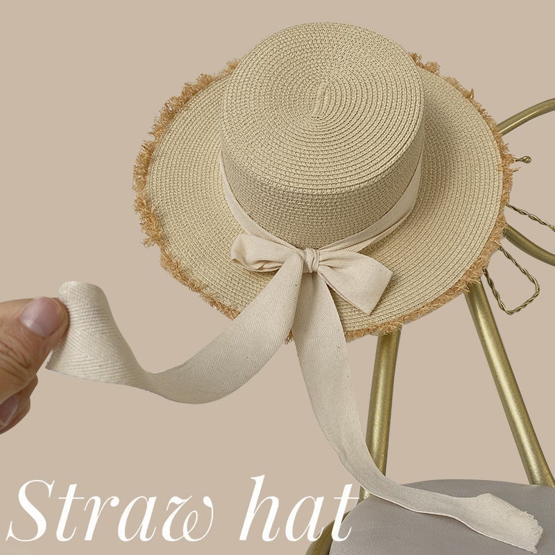 قبعة قش نسائية لحماية من الشمس بحافة كبيرة تصميم إنستغرام شياوكينغ للسفر في الربيع والصيف عطلة على الشاطئ موري الحلوة تناسب جميع الأزياء بحزام بيج - Image 1