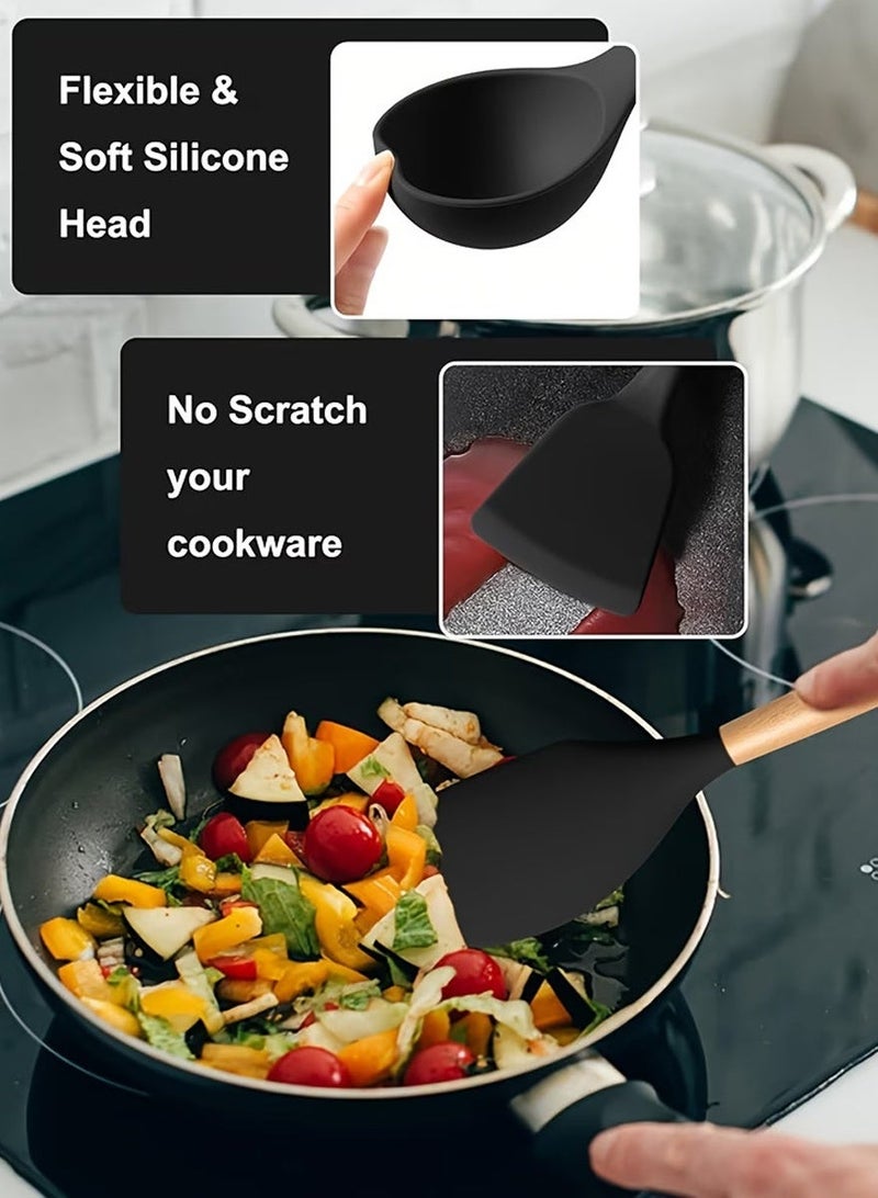 Piece Silicone Kitchen Utensils Set | Food-Grade, Heat-Resistant & Non-Stick | Premium Cooking Utensils with Wooden Handles for Cooking, Baking, Serving, Frying & Grill - Image 2