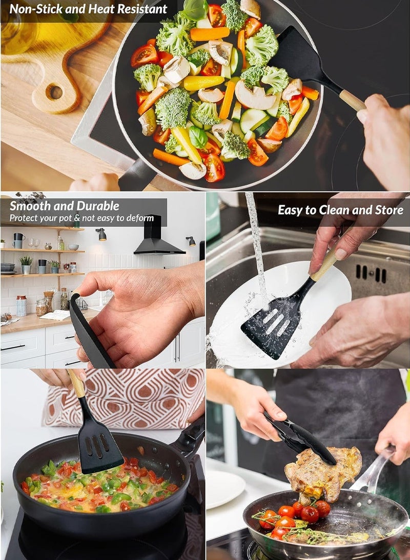 Piece Silicone Kitchen Utensils Set | Food-Grade, Heat-Resistant & Non-Stick | Premium Cooking Utensils with Wooden Handles for Cooking, Baking, Serving, Frying & Grill - Image 3