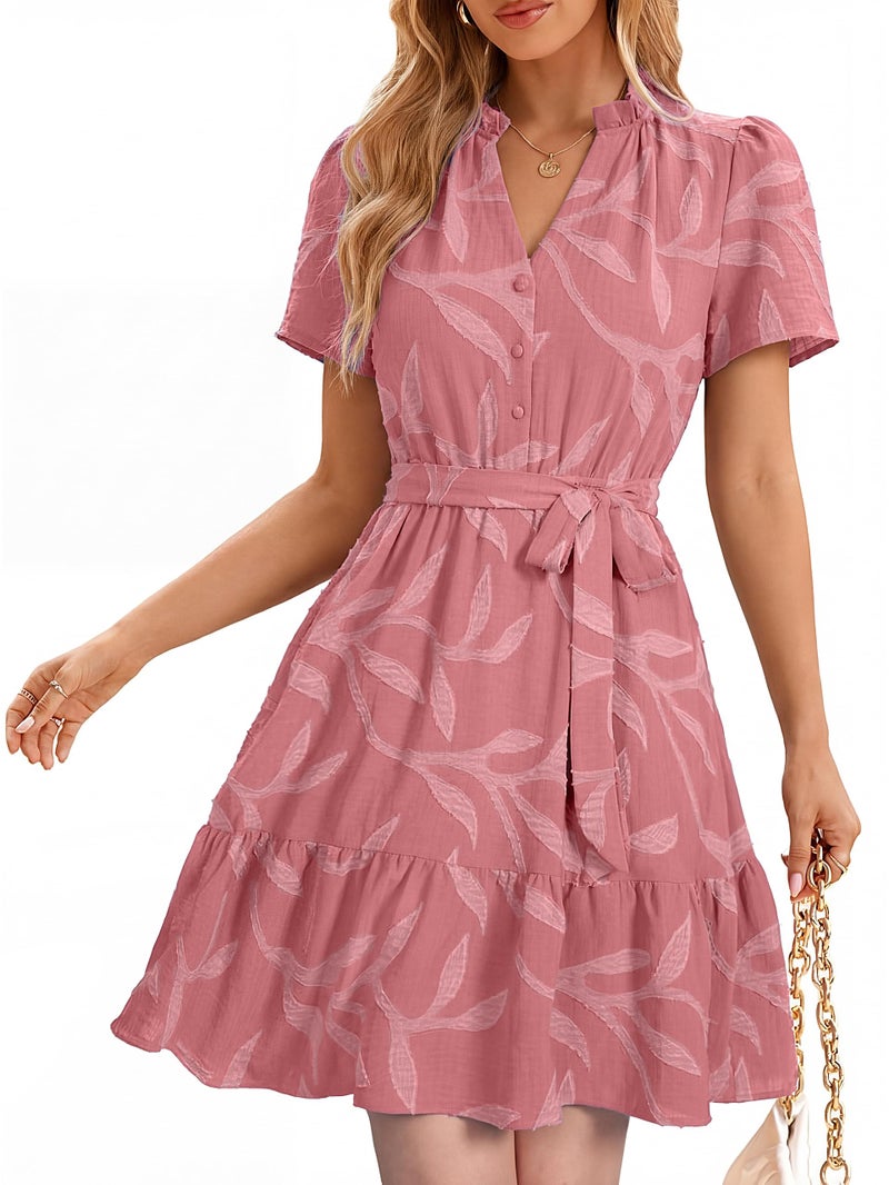 Simplee Womens Summer Dresses 2026 Casual Short Sleeve V Neck Empire Waist Belted A Line Flowy Vacation Dress Rust Pink,M - Image 1