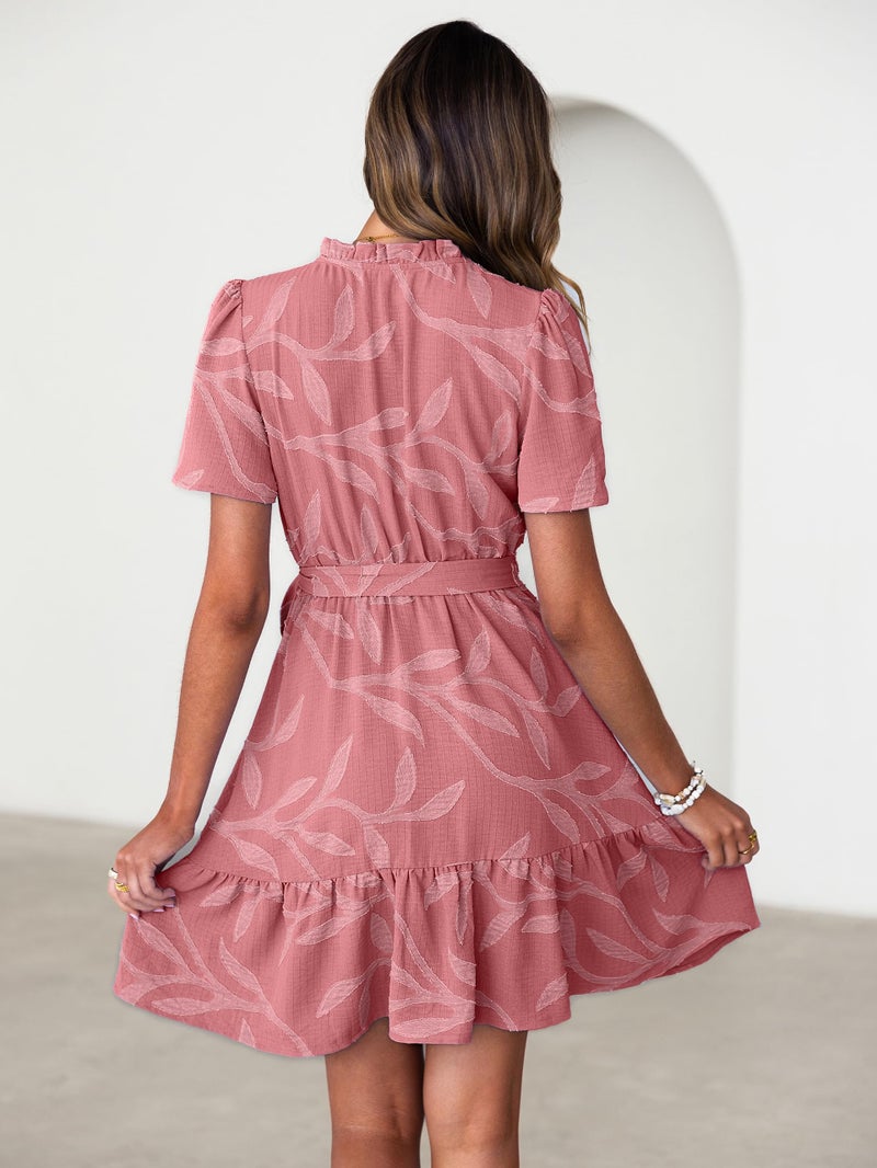 Simplee Womens Summer Dresses 2026 Casual Short Sleeve V Neck Empire Waist Belted A Line Flowy Vacation Dress Rust Pink,M - Image 3