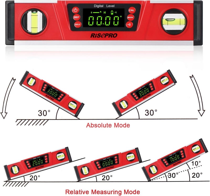 RISEPRO 10-Inch Digital Torpedo Level and Protractor IP54 Protected Electronic Bubble Inclinometer, Angle Finder, Gauge w/Large VA Display & V-Groove Base DL135N - Image 4
