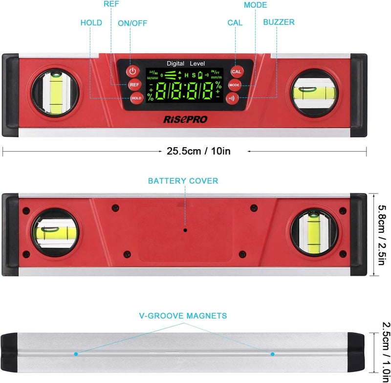 RISEPRO 10-Inch Digital Torpedo Level and Protractor IP54 Protected Electronic Bubble Inclinometer, Angle Finder, Gauge w/Large VA Display & V-Groove Base DL135N - Image 2