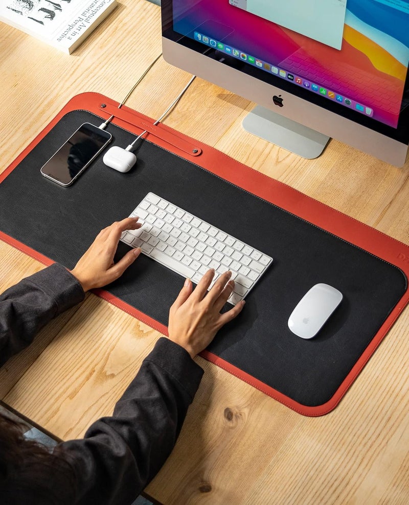 Daily Objects Dart Large Premium Vegan Leather Desktop/Laptop Desk Mat for Work from Home/Office/Gaming | Cable Organiser & Hideway Storage | Extended Mousepad & Water-Resistant - Red - Model - R1 - Image 1