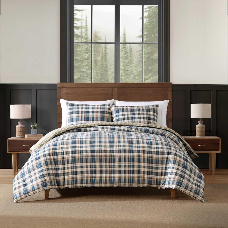 Eddie Bauer - Twin Duvet Cover Set, Reversible Bedding with Matching Sham, Plaid Bedding Set (Port Gamble Blue, Twin) - Image 1