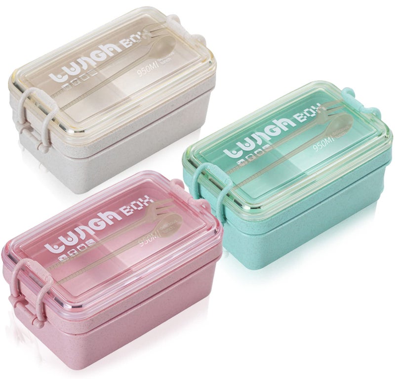 Yesland Yesland 3 Packs Bento Box  Wheat Straw 3-In-1 Compartment Japanese Lunch Box with Spoon and Fork  2 Tier Stackable Lunch Containers for Adults (Beige  Pink & Green  950Ml)  - Image 1