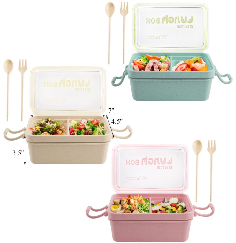 Yesland Yesland 3 Packs Bento Box  Wheat Straw 3-In-1 Compartment Japanese Lunch Box with Spoon and Fork  2 Tier Stackable Lunch Containers for Adults (Beige  Pink & Green  950Ml)  - Image 4