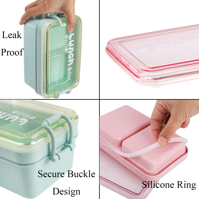 Yesland Yesland 3 Packs Bento Box  Wheat Straw 3-In-1 Compartment Japanese Lunch Box with Spoon and Fork  2 Tier Stackable Lunch Containers for Adults (Beige  Pink & Green  950Ml)  - Image 5