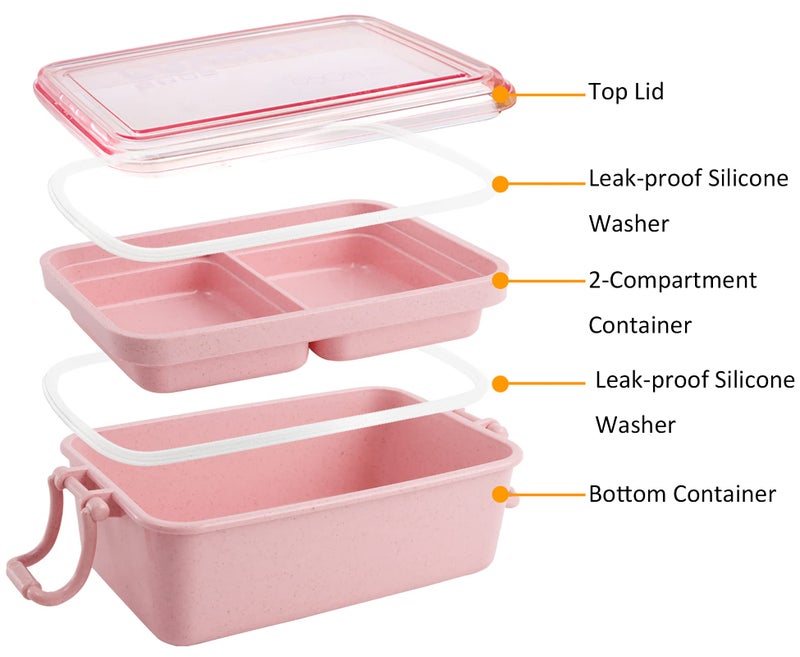 Yesland Yesland 3 Packs Bento Box  Wheat Straw 3-In-1 Compartment Japanese Lunch Box with Spoon and Fork  2 Tier Stackable Lunch Containers for Adults (Beige  Pink & Green  950Ml)  - Image 2
