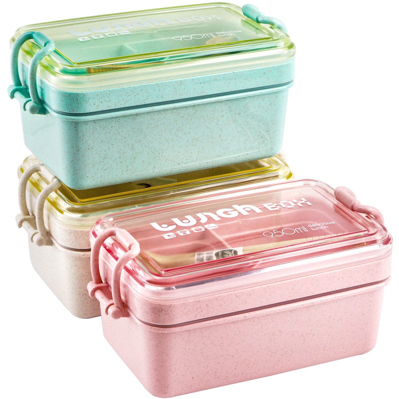 Yesland Yesland 3 Packs Bento Box  Wheat Straw 3-In-1 Compartment Japanese Lunch Box with Spoon and Fork  2 Tier Stackable Lunch Containers for Adults (Beige  Pink & Green  950Ml)  - Image 3