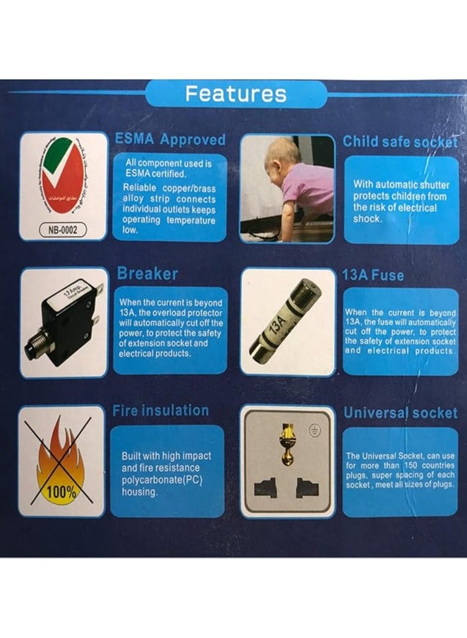 Narken E Series Electric Universal Extension Cord 4 Socket 10 Meter Power Strip Wire 13a Fuse Surge With Separate Single Switch and Indicate Light Max 13a 3250w Ac 250v - Image 3