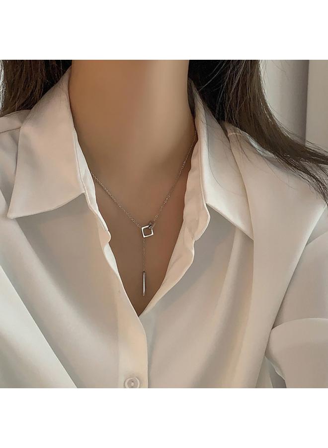 Wen Jian Korean Style Box Buckle Titanium Steel Necklace Women Tassel Light Luxury Clavicle Chain Small Fresh And Cute Student Live Decoration 