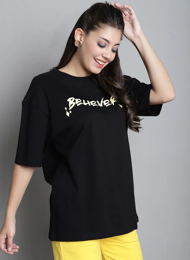 Styli Black Oversized Graphic Print T-Shirt By Door74