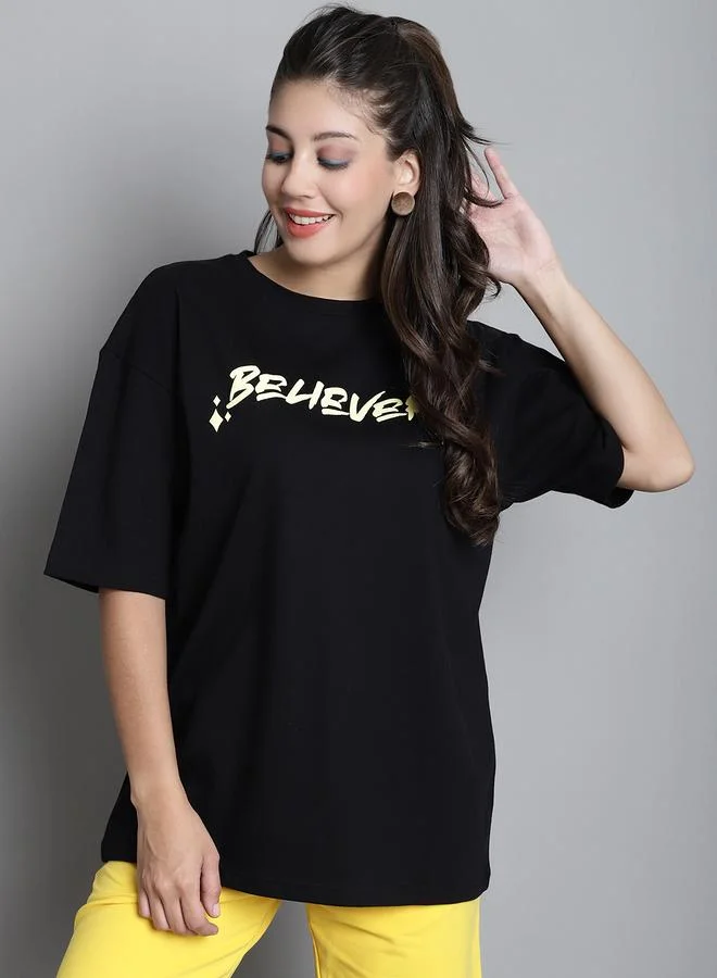 Styli Black Oversized Graphic Print T-Shirt By Door74