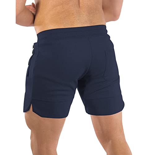PIDOGYM Men's 5" Gym Workout Shorts,Fitted Jogging Short Pants for Bodybuilding Running Training with Zipper Pockets Navy Blue - Image 3