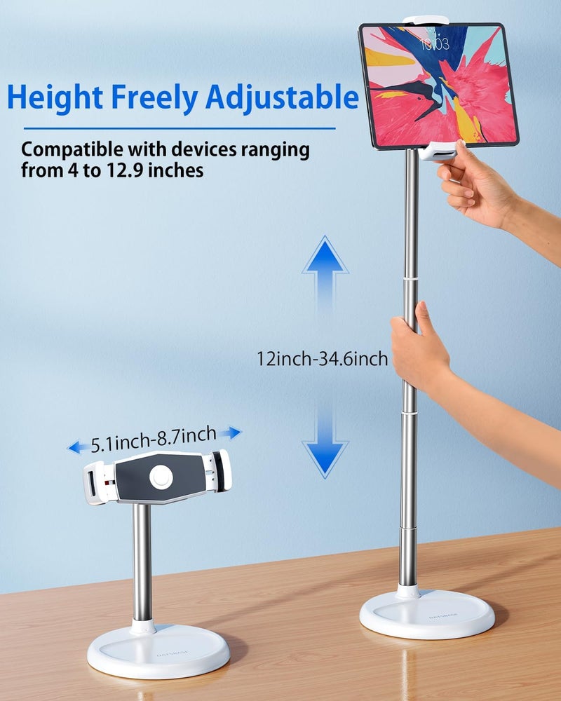 Oatsbasf Tablet Floor Stand Holder, Height Adjustable(12-34.6 inch) 360° Rotatable iPad Stand with Heavy Base, Adjustable Holder for 4"-12.9" Devices Including iPhone, iPad, Kindle, Switch, White - Image 2