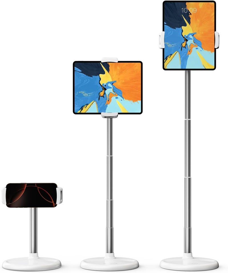 Oatsbasf Tablet Floor Stand Holder, Height Adjustable(12-34.6 inch) 360° Rotatable iPad Stand with Heavy Base, Adjustable Holder for 4"-12.9" Devices Including iPhone, iPad, Kindle, Switch, White - Image 1