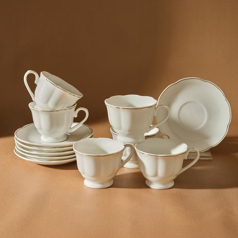 Karaca Çan Porcelain Espresso Turkish Coffee Cup Set of 6, 12 Piece, 90ml, Cup and Saucers, Espresso Cups, Small Coffee Cups, White Gold - Image 1