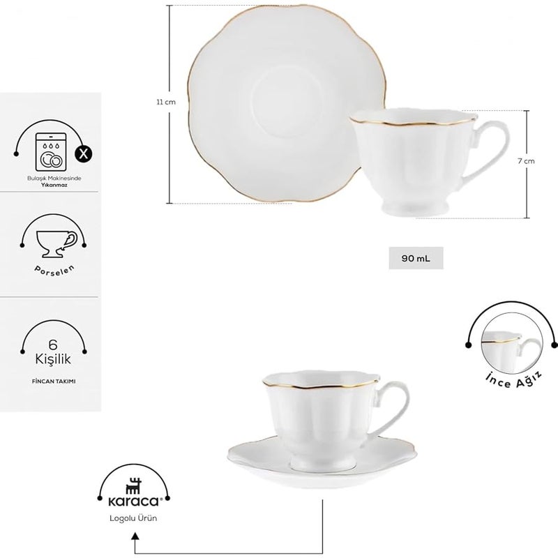 Karaca Çan Porcelain Espresso Turkish Coffee Cup Set of 6, 12 Piece, 90ml, Cup and Saucers, Espresso Cups, Small Coffee Cups, White Gold - Image 4