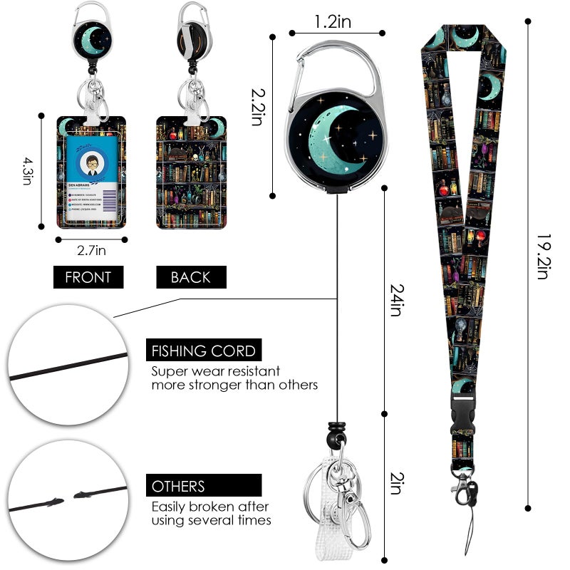 Vorruil Book Lanyards for ID Badge, Library Cat ID Badge Holder with Retractable Reel Clip Keychain, Gifts for Librarian, Gothic Identity Badge Cover Case Protector for Student Teacher - Image 2